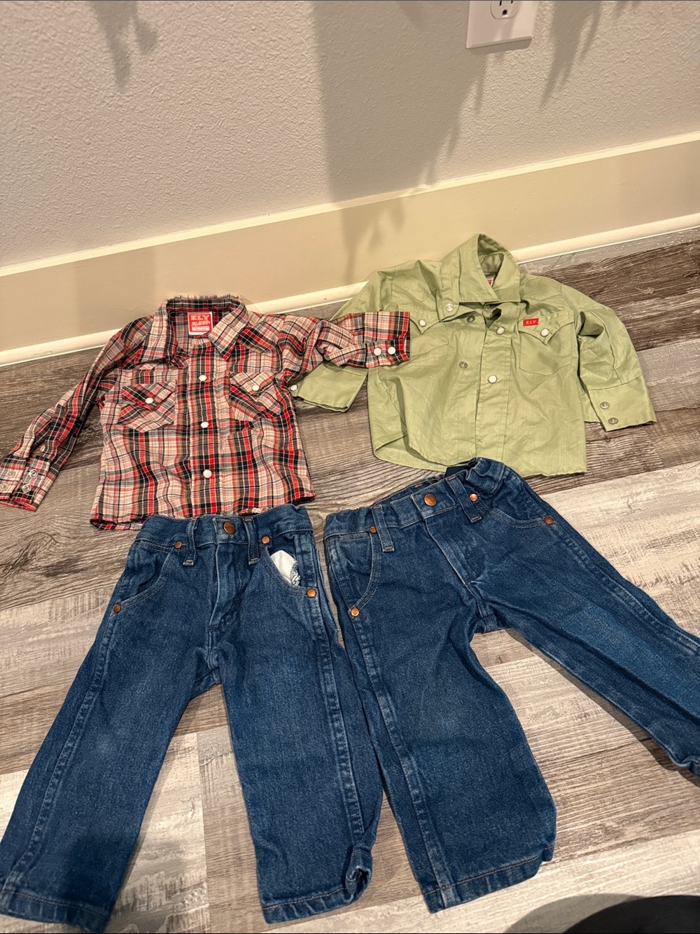 Wrangler Kids Red Plaid & Light Green Button-Up Shirt Set with Blue Jeans